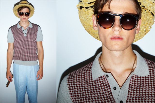 A straw hat and knit top by menswear designer David Hart for Spring 2018. Photography by Alexander Thompson for Ponyboy magazine.