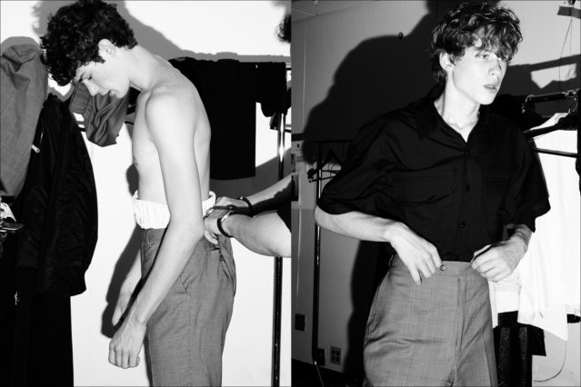Models snapped dressing backstage at the presentation for menswear designer Raun LaRose, for Spring/Summer 2018. Photography by Alexander Thompson for Ponyboy magazine.