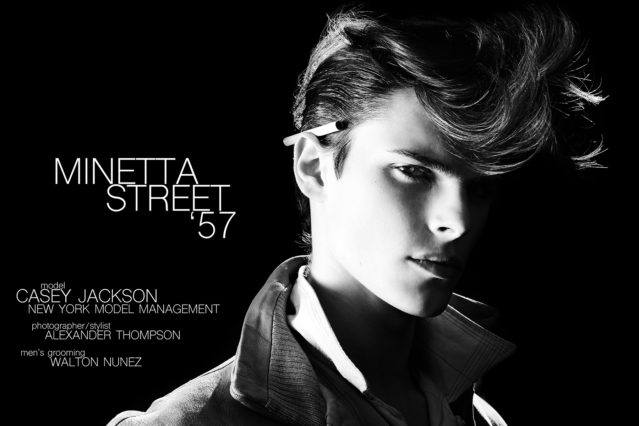 Male model Casey Jackson stars in Ponyboy magazine menswear editorial "MInetta Street '57". Photography by Alexander Thompson, with menswear grooming by Walton Nunez.