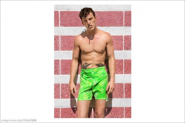 Brendon Beck wearing vintage Lilly Pulitzer trunks for men's editorial "Beach Boy" for Ponyboy magazine, featuring men's vintage style, Rockabilly, 50's, men's fashion. Photography by Alexander Thompson.
