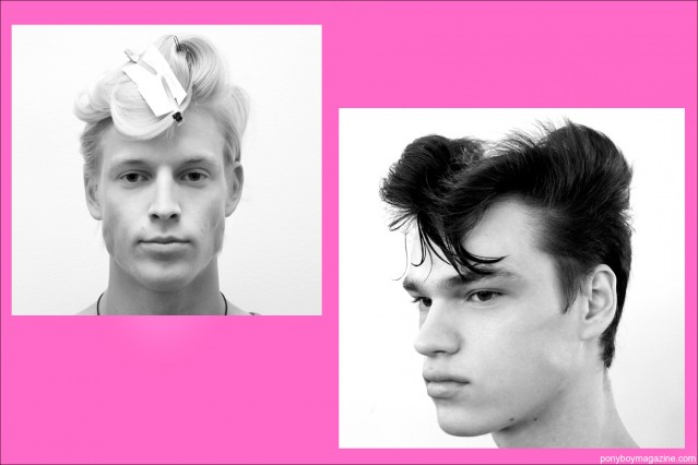 Male model Thor Bulow photographed in a teddy boy pompadour, backstage at the Jeremy Scott Spring/Summer 2014 show, photographed by Alexander Thompson for Ponyboy Magazine.