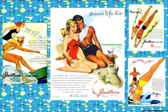 Colorful vibrant vintage summer ads for swimsuit maker Jantzen, for Ponyboy Magazine.