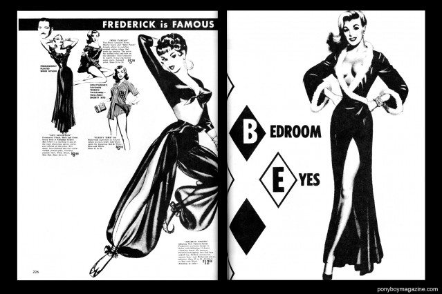 Glamorous vintage illustrations from the 1950's in FREDERICK'S OF HOLLYWOOD: 26 Years of Mail Order Seduction. Printed in 1973 by Drake Publishers. Edited by Laura & Janusz Gottwald, Ponyboy Magazine in New York City.