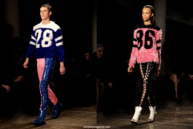 Athletic inspired mens' and women's fashions on the runway at Jeremy Scott A/W 2014 collection in New York City, photographed for Ponyboy Magazine by Alexander Thompson.