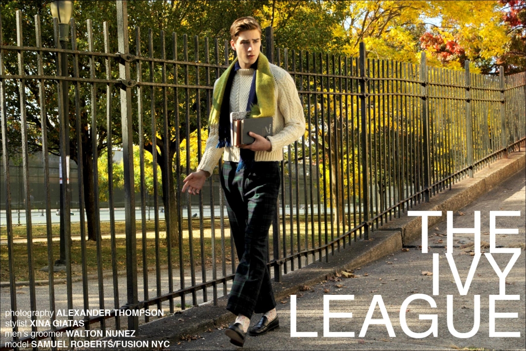 Fusion model Samuel Roberts in "The Ivy League" men's editorial for Ponyboy Magazine, photographed by Alexander Thompson in New York City.