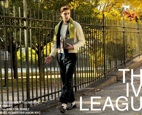 Fusion model Samuel Roberts in "The Ivy League" men's editorial for Ponyboy Magazine, photographed by Alexander Thompson in New York City.
