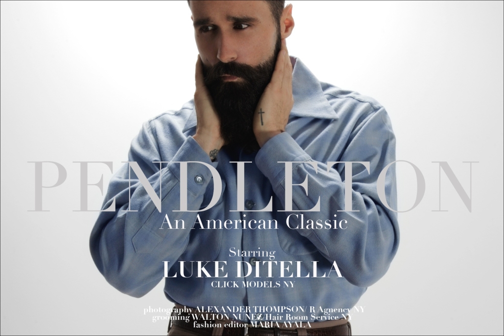 Luke Ditella models for "Pendleton" men's editorial for Ponyboy Magazine, photographed by Alexander Thompson in New York City.