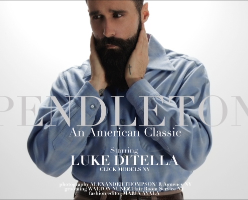 Luke Ditella models for "Pendleton" men's editorial for Ponyboy Magazine, photographed by Alexander Thompson in New York City.