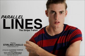 "Parallel Lines" men's stripe t-shirt editorial starring Stirling Caiulo, from the Fusion Agency New York, photographed by Alexander Thompson for Ponyboy Magazine.