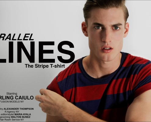 "Parallel Lines" men's stripe t-shirt editorial starring Stirling Caiulo, from the Fusion Agency New York, photographed by Alexander Thompson for Ponyboy Magazine.