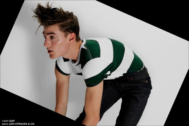 Australian model Stirling Cauilo models a stripe t-shirt for Ponyboy Magazine men's editorial "Parallel Lines", photographed by Alexander Thompson in New York City.