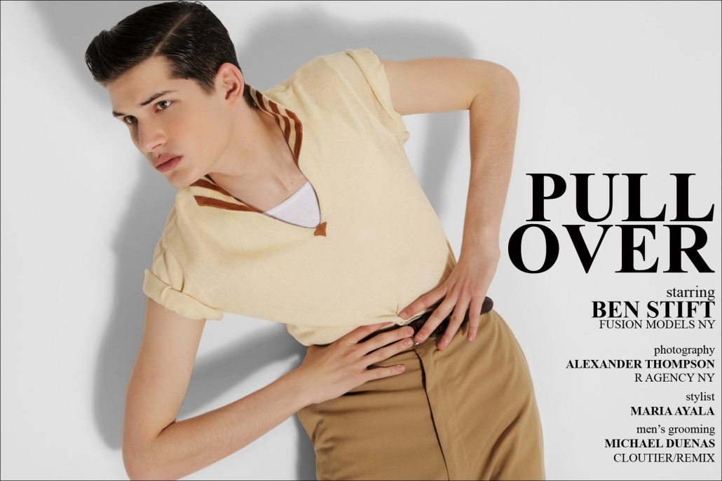 Ben Stift opening spread for "Pull Over", vintage men's editorial for Ponyboy Magazine, photographed by Alexander Thompson in New York City.