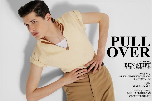 Ben Stift opening spread for "Pull Over", vintage men's editorial for Ponyboy Magazine, photographed by Alexander Thompson in New York City.