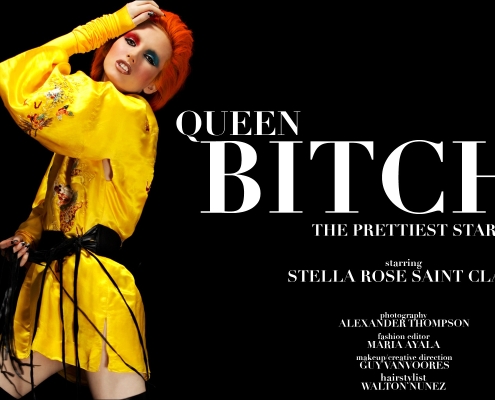 Stella Rose Saint Clair stars in Ponyboy Magazine's editorial "Queen Bitch", an homage to the glam/glitter rock style of Angela and David Bowie. Photographed in New York City by Alexander Thompson.