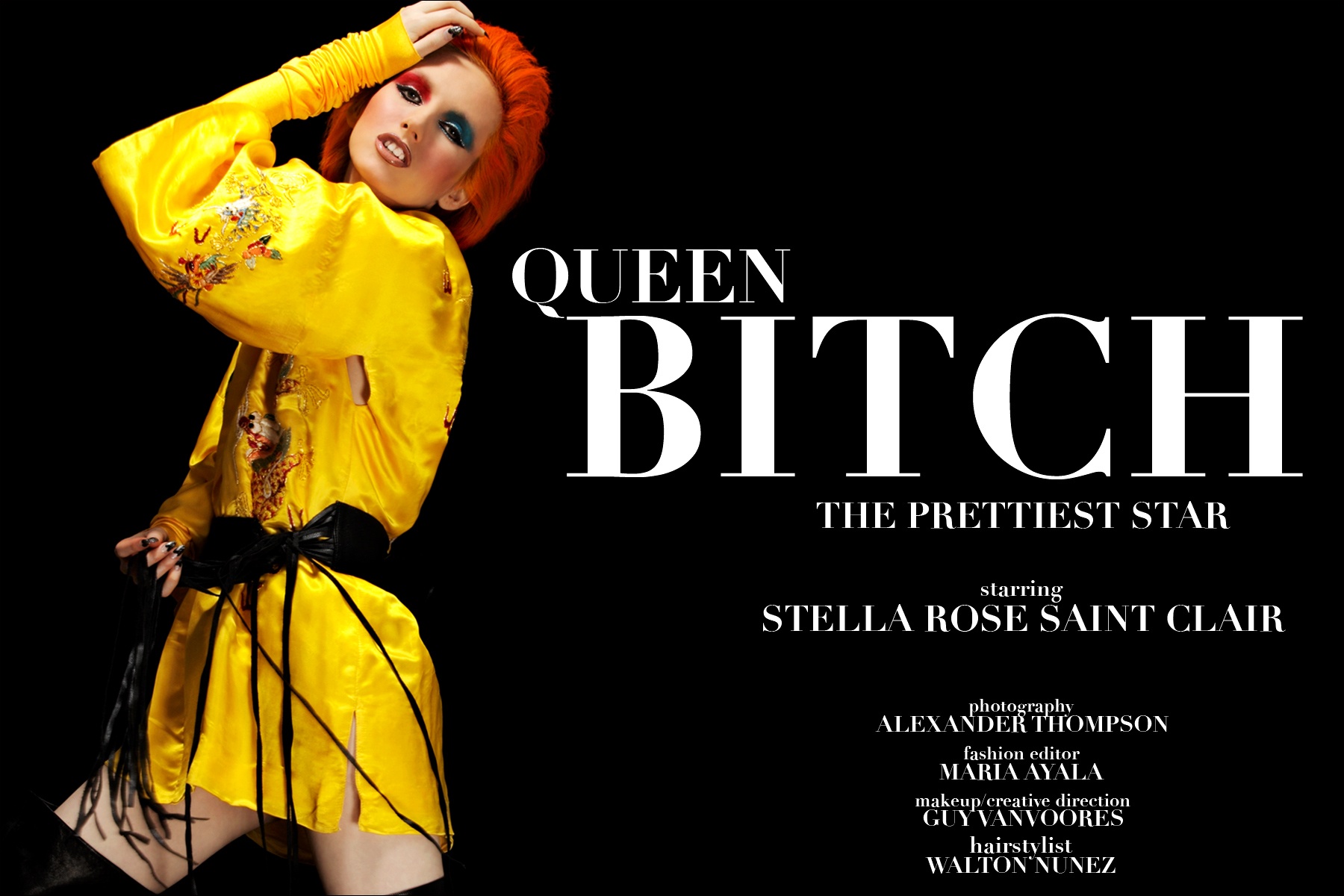 Stella Rose Saint Clair stars in Ponyboy Magazine's editorial "Queen Bitch", an homage to the glam/glitter rock style of Angela and David Bowie. Photographed in New York City by Alexander Thompson.