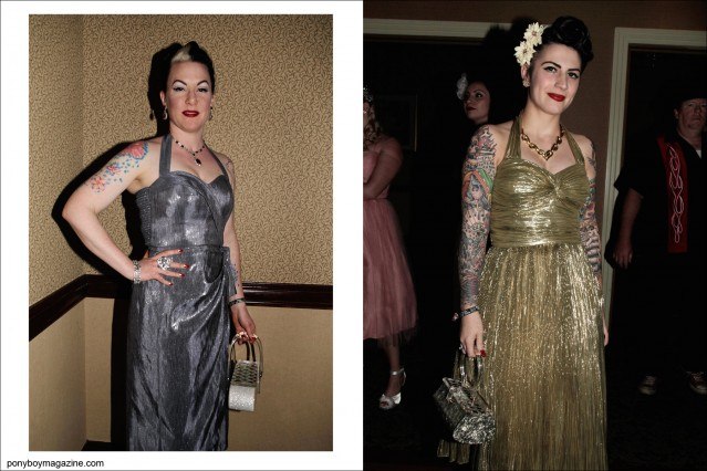 Tattoos and 1950's women's evening wear, photographed at Viva Las Vegas rockabilly weekender by Alexander Thompson for Ponyboy Magazine.