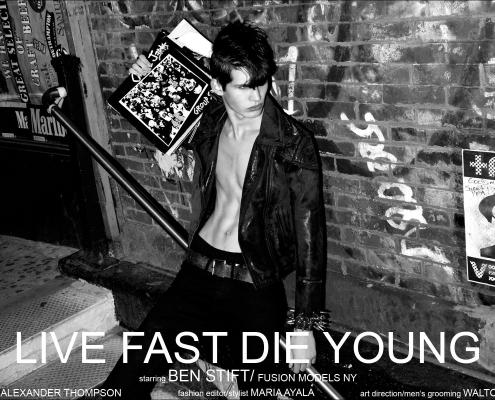"Live Fast Die Young", a men's punk editorial for Ponyboy Magazine, starring Fusion male model Ben Stift. Photographed by Alexander Thompson in New York City.