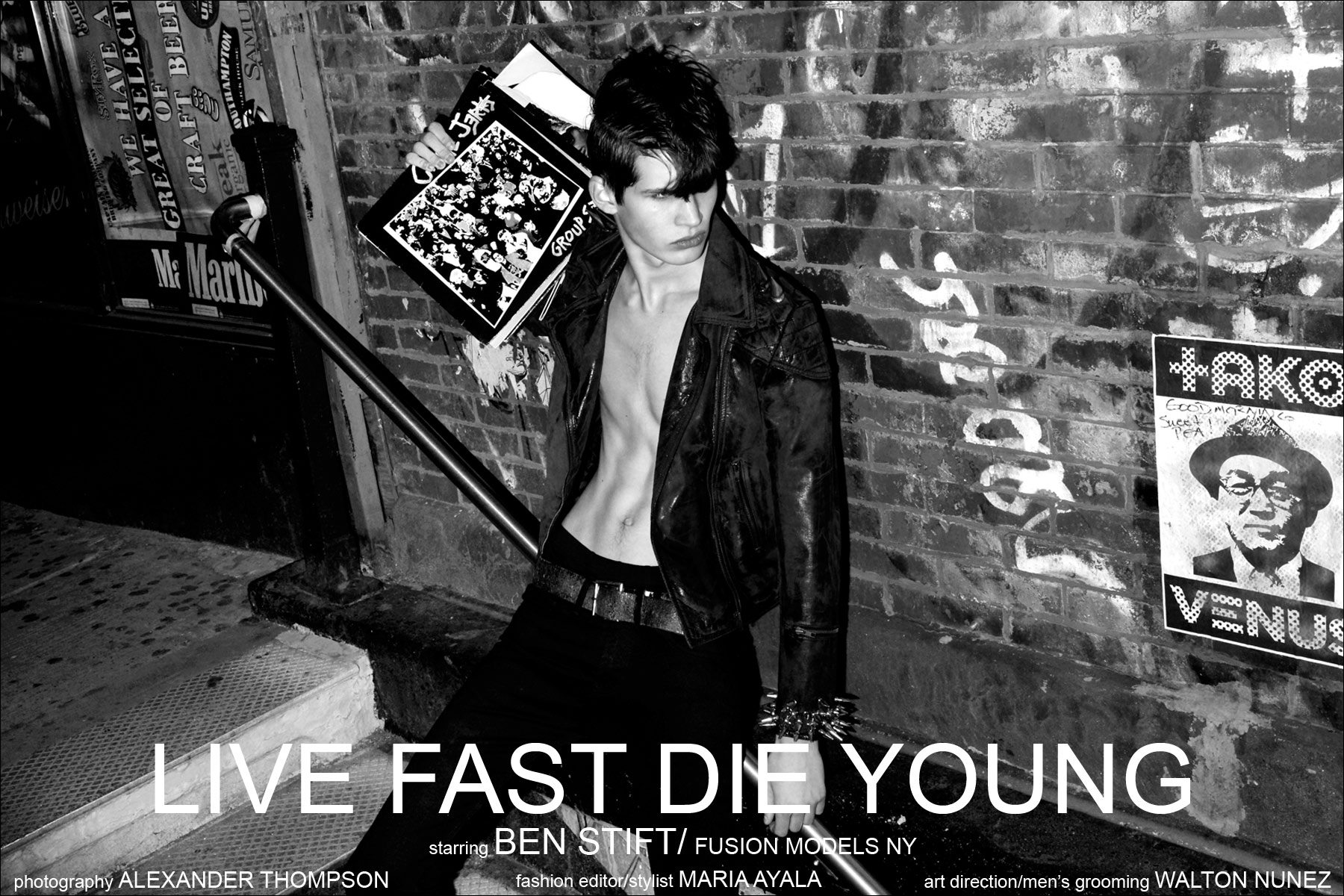 "Live Fast Die Young", a men's punk editorial for Ponyboy Magazine, starring Fusion male model Ben Stift. Photographed by Alexander Thompson in New York City.
