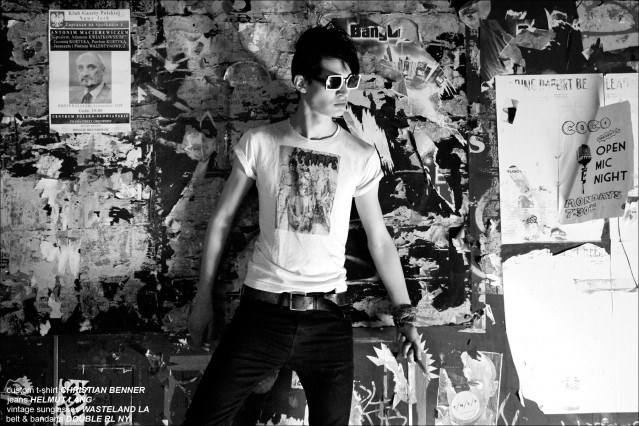 A young Ben Stift wears a custom Christian Benner t-shirt and Helmut Lang jeans. Photographed in New York City by Alexander Thompson for Ponyboy Magazine.