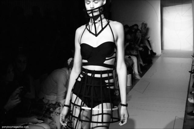 An edgy cut-out/cage dress photographed at the Chromat S/S 2105 fashion show in New York. Photo by Alexander Thompson for Ponyboy Magazine.