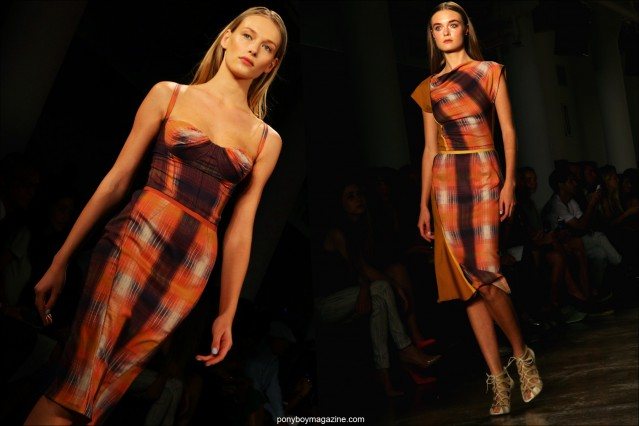 Models in plaid creations by New York City design duo Costello Tagliapietra, Spring/Summer 2015 at Milk Studios. Photos by Alexander Thompson for Ponyboy Magazine.