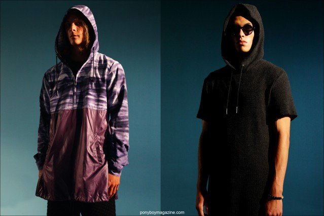 Male models in hooded tops designed by Rochambeau, Spring/Summer 2015. Photographed in New York by Alexander Thompson for Ponyboy Magazine.