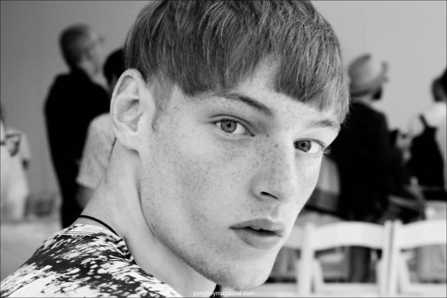 Male supermodel Roberto Sipos, photographed backstage at Duckie Brown Spring/Summer 2015. Portrait by Alexander Thompson for Ponyboy Magazine.