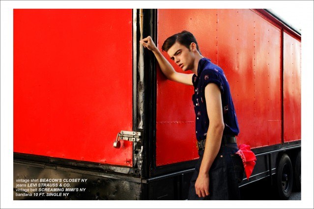 Male model Mike Winchester, from the Fusion Agency NY, wears a vintage 50's rockabilly shirt from Beacon's Closet in Williamsburg. Photographed by Alexander Thompson for Ponyboy Magazine.