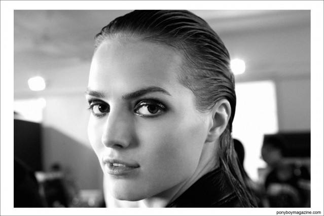 The beautiful slicked back hair at Sophie Theallet, Spring/Summer 2015 collection at Milk Studios in New York City. Photograph by Alexander Thompson for Ponyboy Magazine.