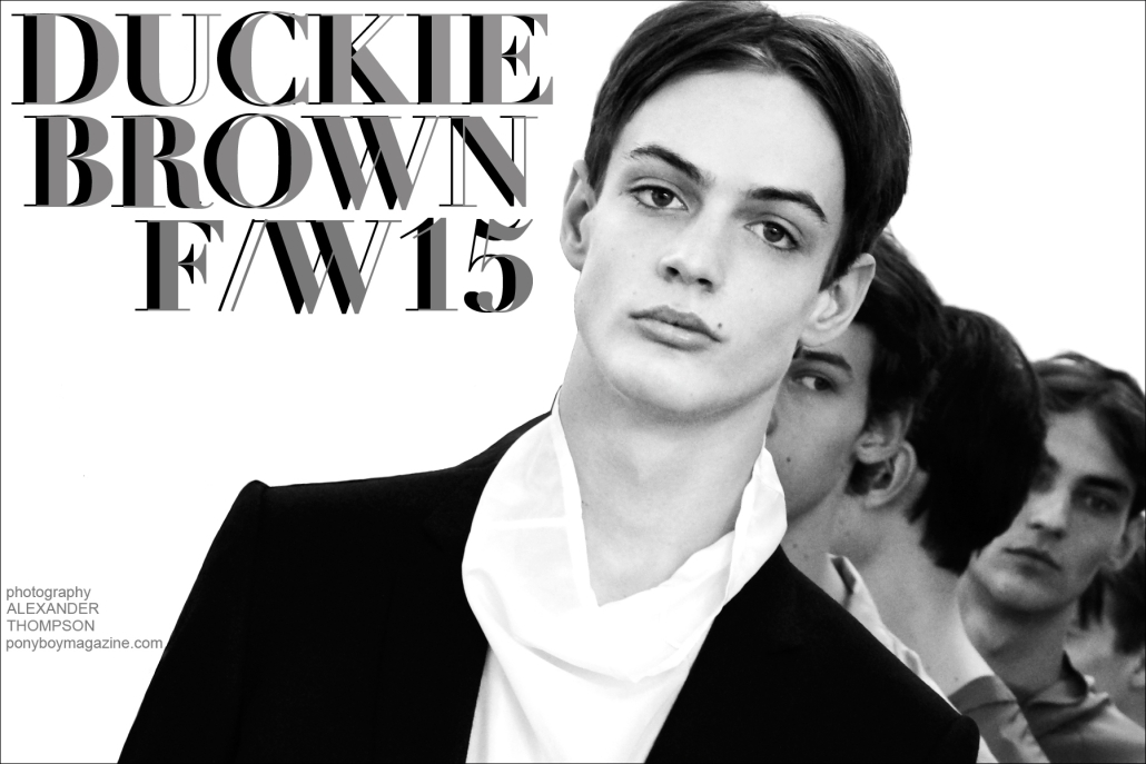 Opening spread for Ponyboy magazine backstage Duckie Brown F/W15 feature, with a photo of male model Charlie James. Photographs by Alexander Thompson.