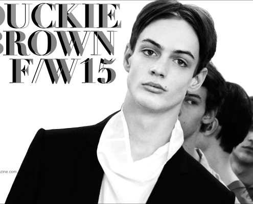 Opening spread for Ponyboy magazine backstage Duckie Brown F/W15 feature, with a photo of male model Charlie James. Photographs by Alexander Thompson.