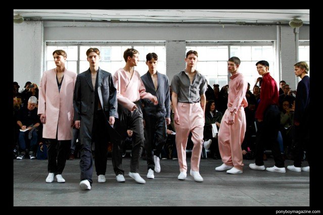 Male models on the runway at Duckie Brown F/W15. Photographed at Industria Studios in New York City by Alexander Thomspon for Ponyboy magazine.