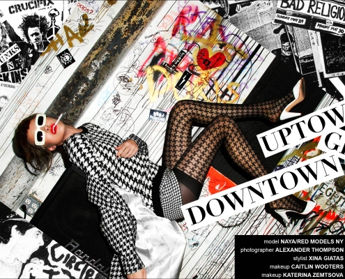 Opening spread for Ponyboy magazine women's editorial "Uptown Girl Downtown". Starring Naya Shtreys from Red Model Management, with photography by Alexander Thompson.