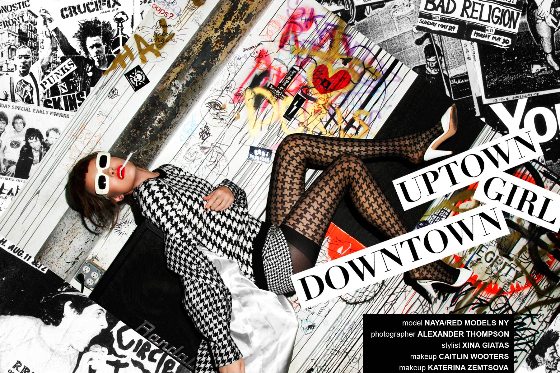 Opening spread for Ponyboy magazine women's editorial "Uptown Girl Downtown". Starring Naya Shtreys from Red Model Management, with photography by Alexander Thompson.