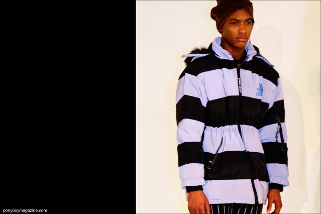 A striped look at Bobby Abley Fall/Winter 2015 collection at Milk Studios in New York. Photographed by Alexander Thompson for Ponyboy magazine.
