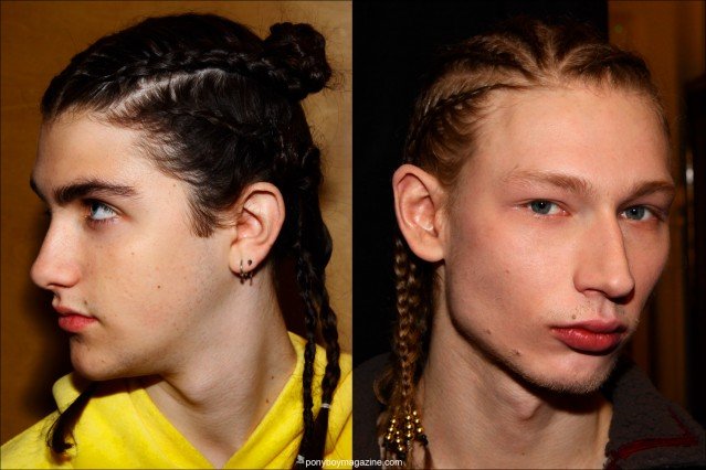 Male models in cornrows by James Pecis, photographed backstage by Alexander Thompson for Ponyboy magazine, at Martin Keehn F/W 2015 menswear collection at Pier 59 Studios in New York.