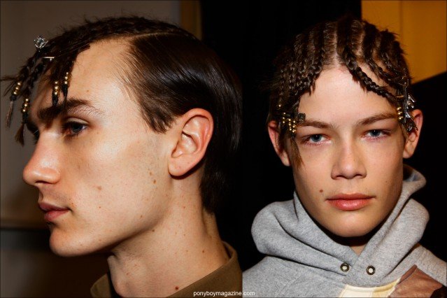 Male model Gryphon O'Shea in cornrows by superstar hairstylist James Pecis, snapped backstage by Alexander Thompson for Ponyboy magazine, at Martin Keehn F/W15 menswear show at Pier 59 Studios.
