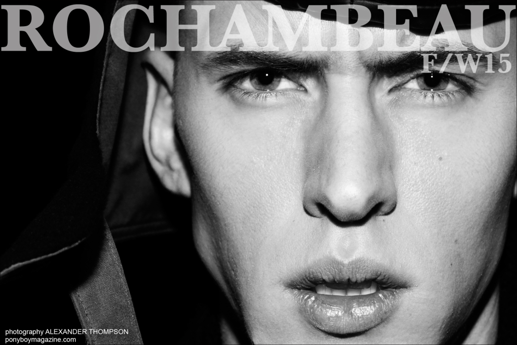 Male model Leon, photographed backstage by Alexander Thompson for Ponyboy magazine, at Rochambeau F/W15 menswear collection in New York City.