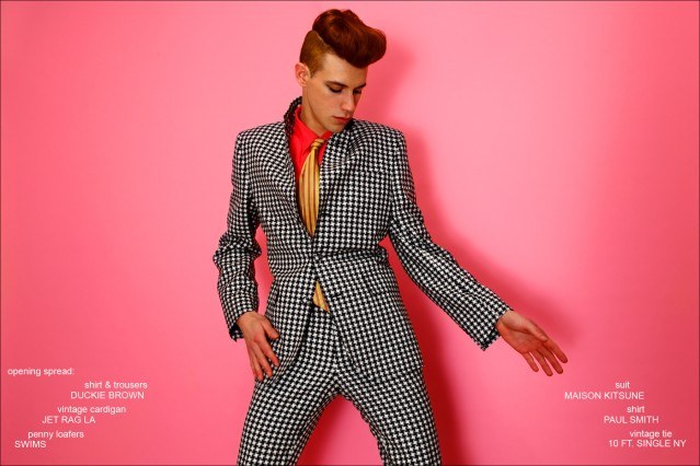 Model Lyle Lodwick wears a houndstooth suit by Maison Kitsune. Photographed by Alexander Thompson for Ponyboy magazine.