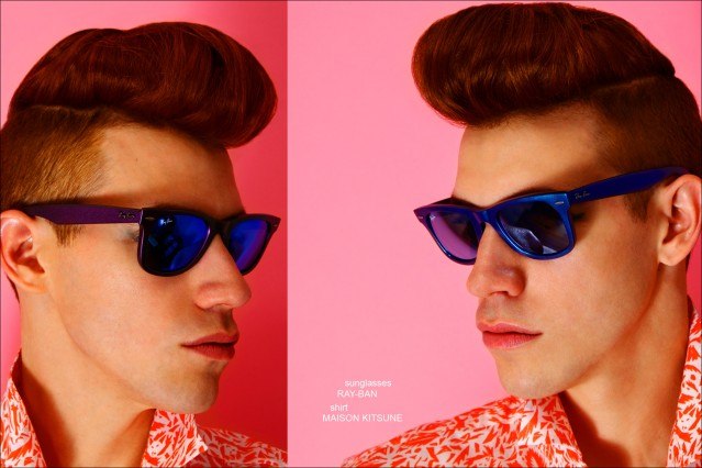 Model Lyle Lodwick wears Ray-Ban sunglasses and a Maison Kitsune shirt for Ponyboy magazine, photographed by Alexander Thompson.