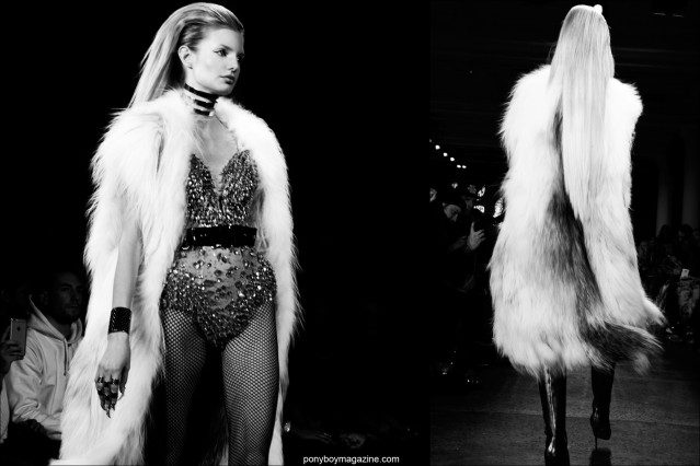 A model in a glamorous white fur vest at The Blonds F/W15 collection at Milk Studios. Photographs by Alexander Thompson for Ponyboy magazine.
