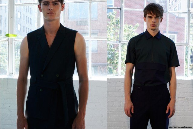 Male models Alexander Beck and Andre Bona photographed at the Carlos Campos S/S 2016 menswear presentation at Industria Studios New York. Photographs by Alexander Thompson for Ponyboy magazine.