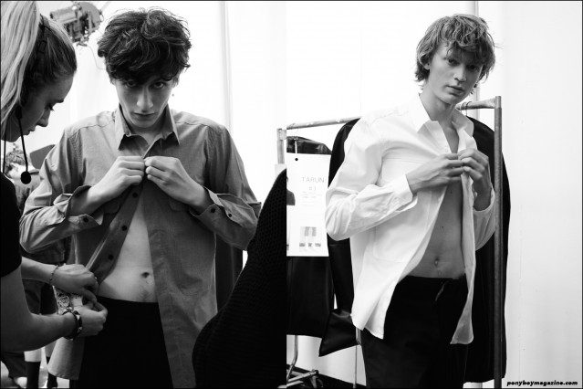 Henry Kitcher and Jonas Gloer, photographed backstage at Carlos Campos Spring/Summer 2016, at Industria Studios in New York. Photography by Alexander Thompson for Ponyboy magazine.
