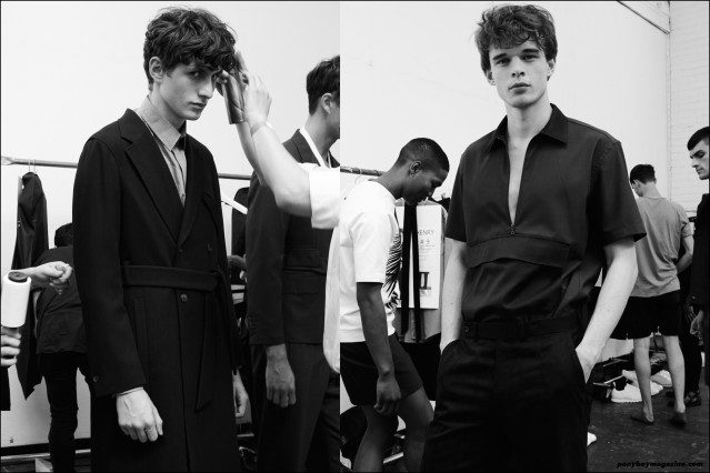 Models Henry Kitcher and Andre Bona photographed backstage at Carlos Campos Spring/Summer 2016 presentation at Industria Studios NY. Photography by Alexander Thompson for Ponyboy magazine.