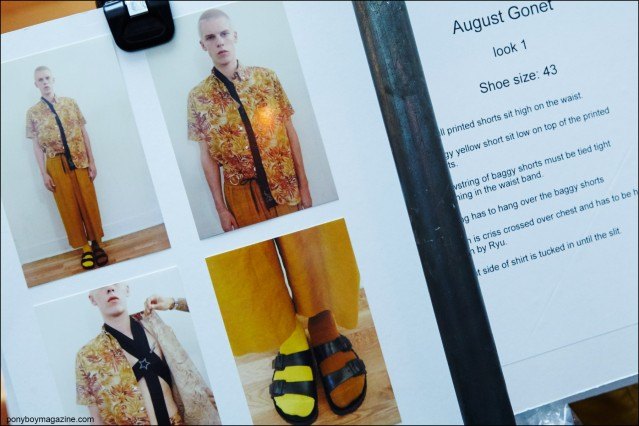 Backstage dressing instructions for model August Gonet, at Fingers Crossed Spring/Summer 2016 menswear presentation. Photograph by Alexander Thompson for Ponyboy magazine.