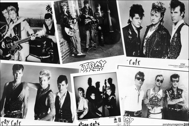 Assortment of B&W press photos of the band Stray Cats. From the collection of Stray Cats Collector's. Ponyboy magazine.
