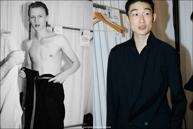 Models Jonas Gloer and San Woo Kim photographed backstage at Duckie Brown S/S16 runway show by Alexander Thompson for Ponyboy magazine.