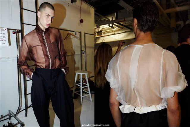 Models in sheer organza shirts, backstage at Duckie Brown Spring/Summer 2016 collection. Photography by Alexander Thompson for Ponyboy magazine.