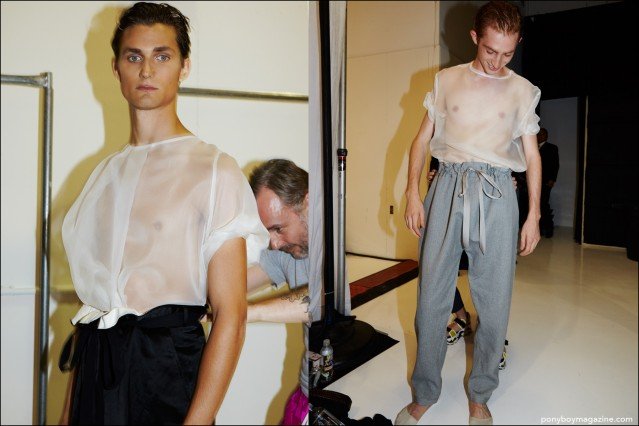 Models Paul Alexandre and Charlie Ayres Taylor photographed during men's fashion week, backstage at Duckie Brown S/S16. Photographs by Alexander Thompson for Ponyboy magazine.