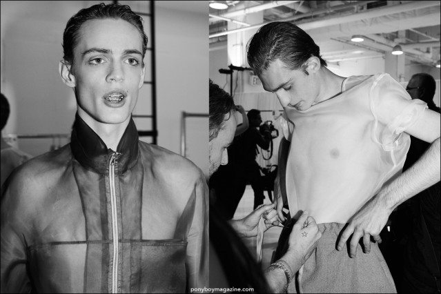 Models Charlie James and Charlie Ayres Taylor photographed in Duckie Brown S/S16 menswear. Backstage photography by Alexander Thompson for Ponyboy magazine.